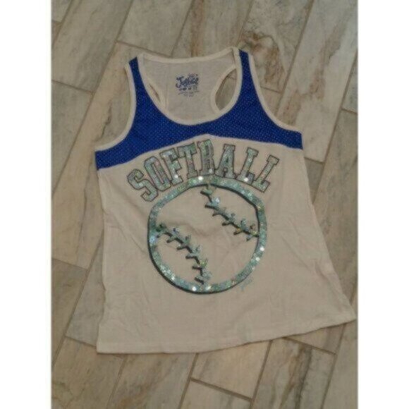 Justice girl's size 12 white/blue Softball sequined sparkly tank top - Picture 1 of 4